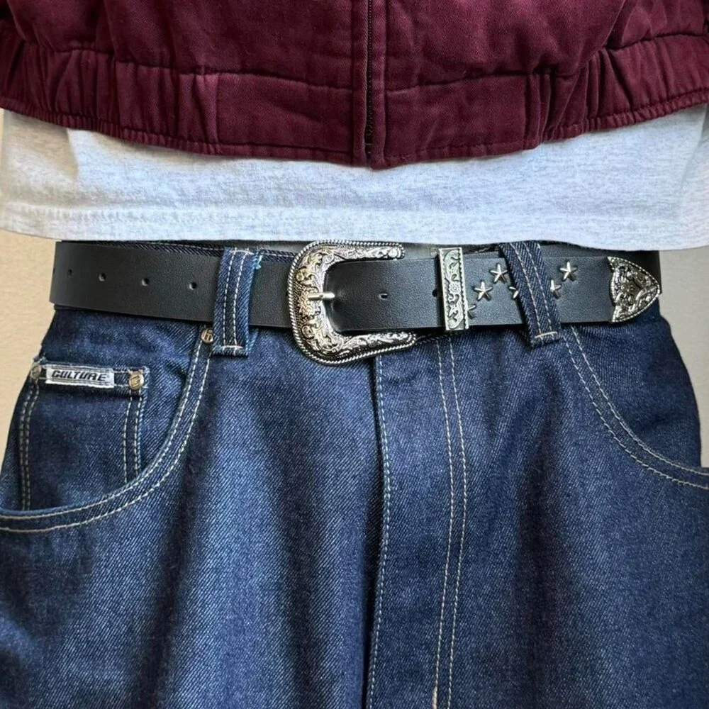 Black Star-Stud Western Leather Belt